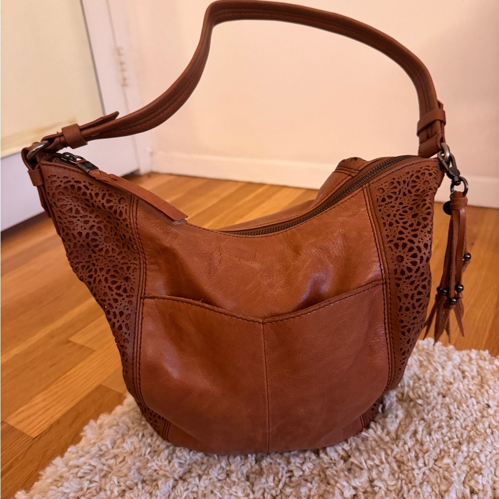The Sak Sequoia Brown Leather Hobo Bag with Laser Cut Detail